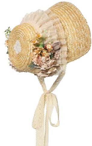 CAMDOM Damen Vintage Viktorianische Bestickte Blume Sonnenhut Breite Krempe Fransen Flach Strohhut,Gelb,Einheitsgröße