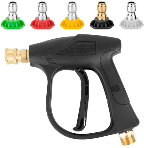 Pressure Washer Gun,4350PSI Short Nozzle Jet Wash Gun with M22 14MM Hose Interface and Adaptor Compatible with 1/4 inch Quick-Connect Nozzles for Karcher Stubby Gun,Car Washing and Patio Cleaning 