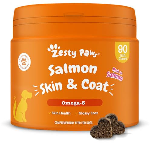 Zesty Paws supporto della Pelle e del Pelo con Olio di Pesce per Cani | Supporto della Pelle e un Pelo Sano | Vitamine e Integratori per Cani con farina di Salmone - 90 Pezzi