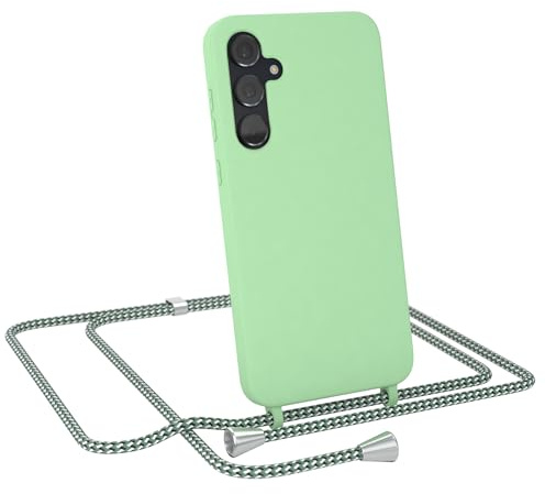 EAZY CASE - Hülle mit Band kompatibel Samsung Galaxy A55 Handyhülle für Galaxy A55 Hülle Silikon mit Mikrofaser stoßfester Fallschutz Kette zum Umhängen Handykordel Hell Grün Camouflage Clips Silber