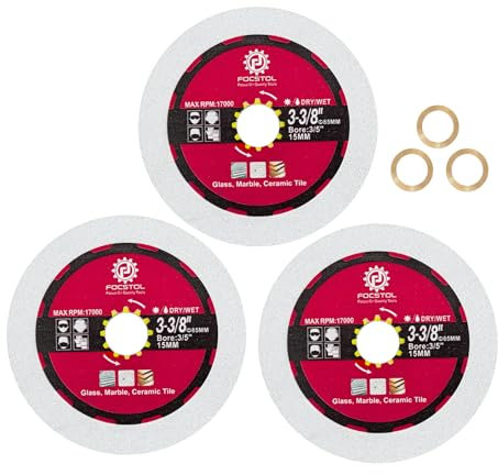 FOCSTOL Disco Diamante para Vidrio 85mm - 3 piezas Doble Lado Disco de Corte y Molienda para Vidrio Jade Cristal Vino Botella con Mango 15mm x 10mm