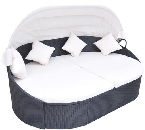 Homgoday Outdoor-Loungebett mit Dach Poly Rattan Schwarz Gartenmöbel Model41832