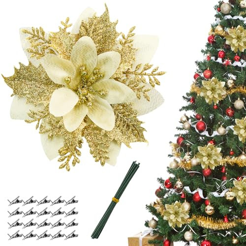 Bacucine 24PCS Poinsettia Flower Glitter Artificial Christmas Flowers with Clips Stems Poinsettias Christmas Decorations for Home Christmas Tree Decorations Party Wreath Christmas Decor (Gold)