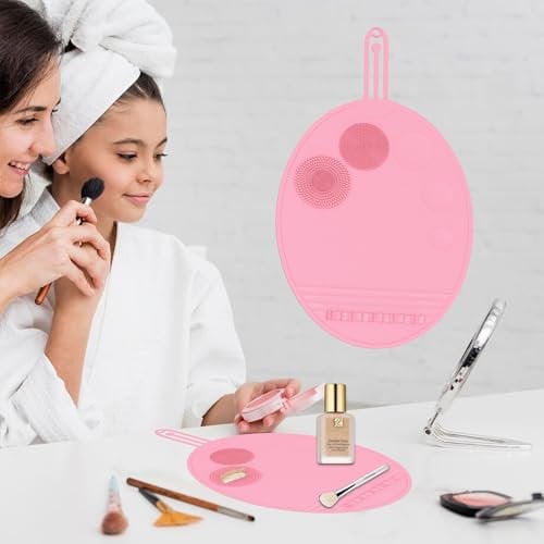 ZHJZFZ Makeup Brush Cleaning Mat, Silicone, Pink, 3-in-1 Portable Design with Foldable Brush Holder