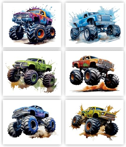 Jungenzimmer-Dekor, Monster-Truck-Leinwandkunst, Set mit 6 Aquarell-Monster-Truck-Postern, Kinder-Auto-Wandkunstdrucke, Auto-Poster für Kinderzimmer, Schlafzimmer, Spielzimmer, Wanddekoration (20,3 x