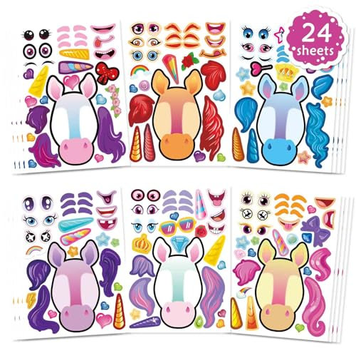 24 Stück Einhorn-Aufkleber zum Selbermachen eines Gesichts, DIY-Aufkleber für Kinder, Einhorn-Partytütenfüller, Geschenk-Set für Mädchen und Jungen, Einhorn Geburtstagsparty-Dekorationen