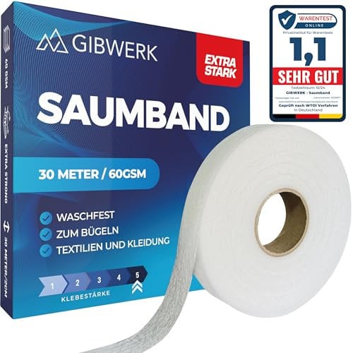 GIBWERK Saumband zum Aufbügeln Waschfest | 60 GSM | Extra Stark | 30 Meter x 20 mm | Waschfest und Selbstklebend | Bügelvlies für Vorhänge Gardinen und Textilien | Bügelband für Hosen | Nahtband