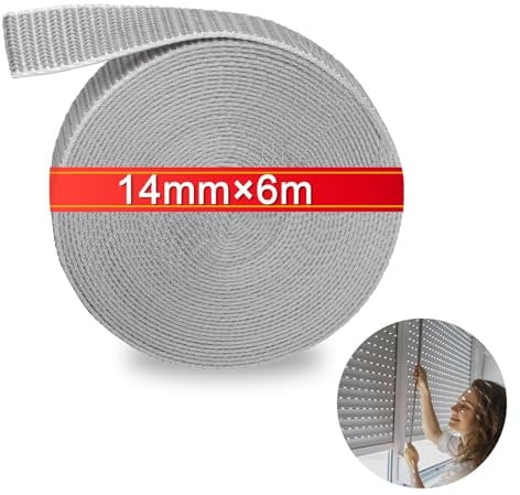 NICEIN Grau Rolladengurt Gurtband für Rolladen Jalousien,Langlebige Reißfeste Rollladengurt,Abriebfeste Jalousie Band,Geeignet zum Austausch von Beschädigten oder Verschmutzten Rolloband(14mm x 6m)