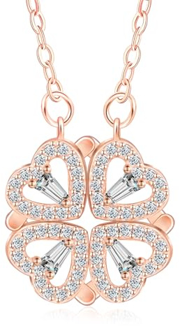 MICGIGI Collier pour femme en argent sterling 925 avec pendentif trèfle à quatre feuilles et cœur en zircone cubique - Or rose, Argent