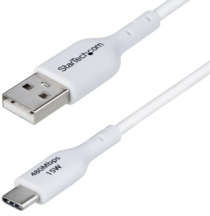 StarTech 1m USB-A auf USB-C Ladekabel, 3A, USB 2.0, Weiß (USB2AC1MNCWHE) | USB-A auf Typ-C Schnellladekabel, Datenübertragung, Vernickelte Stecker, Aluminiumgeflecht