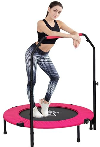 HOMCOM 40 Foldable Mini Trampoline Fitness Trampoline Rebounder for Adults with Adjustable Foam Handle, for Indoors, Outdoors, Cardio Training, Pink
