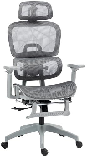 HOMCOM Ergonomic Office Chair, Mesh High Back Computer Desk Chair with 3 Level Adjustable Back, Adjustable Lumbar Support, Swivel Recliner with 3D Armrest, Headrest, Footrest, Grey