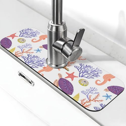 Faucet Draining Mat For Kitchen Sink, Purple Beach Sea Turtle Diatom Mud Absorbent Drain Pad For Bathroom Kitchen Sink Splash Guard Drying Mat