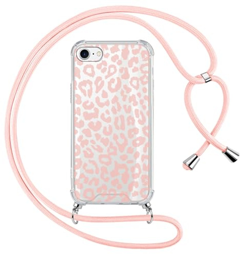 ZhuoFan Handyband Handyhülle für iPhone 7/8/iPhone SE 2022/2020 Hülle 4,7 mit Band, Transparent Aesthetic Leopard Muster Cover mit Kordel zum umhängen Necklace Rosa Case Silikon PC Schutzhülle, 05