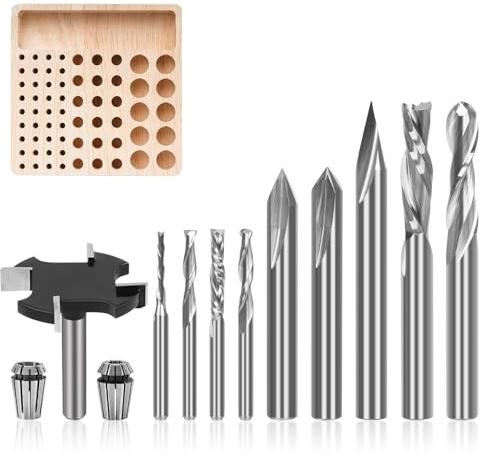10PCS CNC Router Bits Set with 1/4 ER11 High Precision Collet,1/8 ER11 Collet,Storage Rack