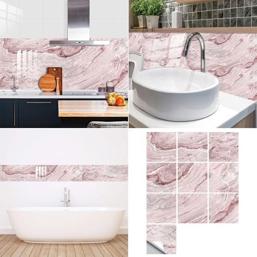 Hixingo Piastrelle Adesive Cucina Bagno, Marmo 20 Pezzi Mattonelle Adesive Cucina Piastrelle Bagno Adesivi PVC Pannelli Decorativi per Mobili e Pareti (Rosa,20x20cm)