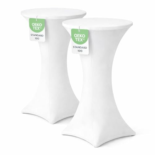 EXKLUSIV HEIMTEXTIL Stehtischhusse für Bistrotisch mit 4 verstärkten Fußlaschen elastisch Stretch Oeko-TEX Zertifiziert Ø 70-75x110-120 cm Weiss (2 Stück)
