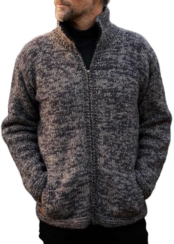 Pachamama Veste en laine à fermeture éclair pour homme Doublure en polaire Col doublé à la main Chiné Fait à la main Manteau épais extra chaud Commerce équitable, charbon, XL