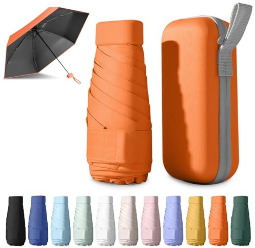 BEKKLPOU 14Cm Mini Regenschirm, Kleiner Regenschirm, Kompakt mit 6 Rippen & Aufbewahrungsbox 210T Stoff, Sonnenschutz (Orange)