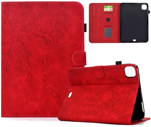 Coque pour iPad Pro 11 Pouces M5/M4 (2025/2024), iPad Pro 11 2022/2021/2020/2018, Fleurs de Cerisier Rétro Case Étui Housse de Protection avec Support, Anti-Chocs, Fin - Rouge