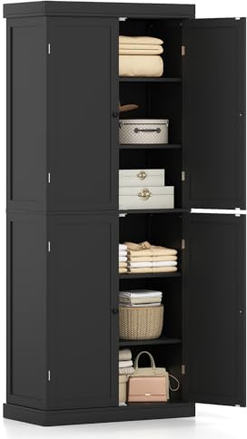 COSTWAY 6 stöckiger Küchenschrank, Hochschrank Küche mit 4 Türen & verstellbaren Regalen, Vorratsschrank freistehend, für Badezimmer, Wohnzimmer, Esszimmer, Büro, 76 x 40 x 184,5 cm, Schwarz