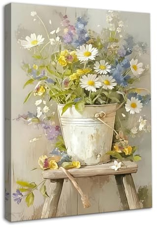 Dazzlewall Incorniciato Quadro Secchio con Fiori, Poster Farmhouse con Margherite e Fiori Selvatici in Secchio Metallico Rustico, Pittura Botanica ad Olio per Bagno Camera da Letto Soggiorno 30×40 cm