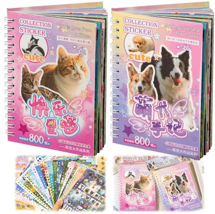 Scrapbook Aufkleber Book Selbstklebend Stickerbuch Dekorative - 800+ Stück Cute Cat und Dog Sticker, Tieraufkleber für Teenager, Erwachsene, Vintage Aufkleber für Journailing DIY Geschenk (2 Set)