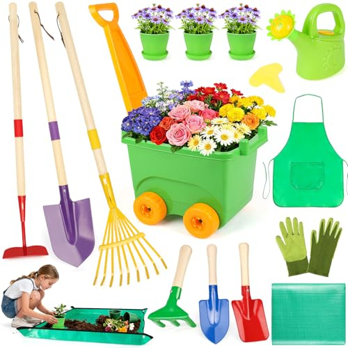 Kinder-Garten-Set, Outdoor-Spielzeug mit Schubkarre und Kinder-Gartengeräten, Kleinkind-Gartenset mit Umtopfmatte, Handschuhen, Schürze, Gießkanne, Pretend Play Lernspielzeug für Kinder, Jungen und