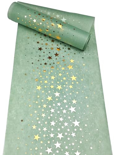 VOPIWOZ 28cm x 10m Vlies Tischläufer Eukalyptus Grün, Tischläufer Rolle mit Goldener Stern, Tischband für Tischdeko Geburtstag Hochzeit Taufe Kommunion Konfirmation Osterdeko Party Deko Weihnachten