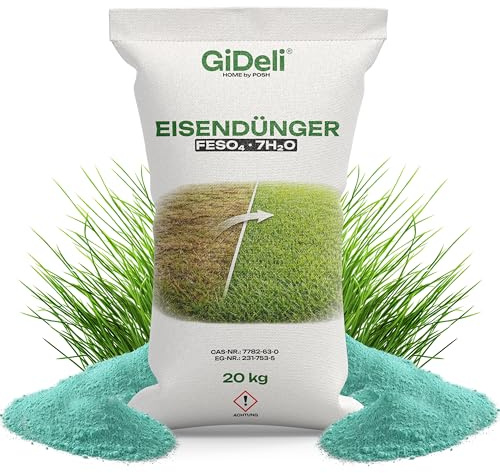 GiDeli Eisendünger 20 kg Pulver, Wasserlöslicher Rasendünger Für 1000 m² | 100 % Eisensulfat Heptahydrat ohne Füllstoffe, Gebinde für laufenden Bedarf, kräftiges Blattgrün in Tagen