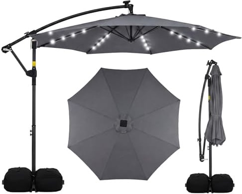 COSTWAY Sonnenschirm mit Ständer und LED-Leuchten, 300 cm Ampelschirm mit Kurbel, Gartenschirm, 360° drehbar, Marktschirm, Terrassenschirm für Garten, Terrasse, Pool (Grau)