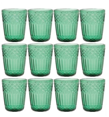 Set 12 Bicchieri Acqua in Pasta di Vetro Colorato Verde Antico 30cl con Lavorazione a Rilievo e Decoro imperiale Stile Vintage per Casa e Ristorazione eleganzae particolarita' per una tavola speciale