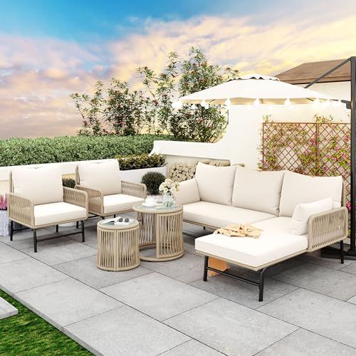 Luhomfu Ensemble de Jardin Lounge, avec Cadre en Fer et Corde Beige, Mobilier de Jardin Tressé pour l'extérieur, 2 Fauteuils, 2 Canapés 2 Places et 2 Tables, Coussins Inclus