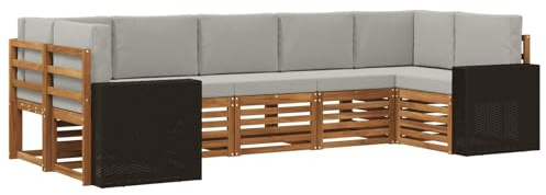 vidaXL Ecksofa Set mit Kissen 7 pcs Natürlich und Hellgrau Polyester, Akazienholz Sofa für draußen, stylisches Gartenmöbel, modulares Set für Terrasse und Poolbereich