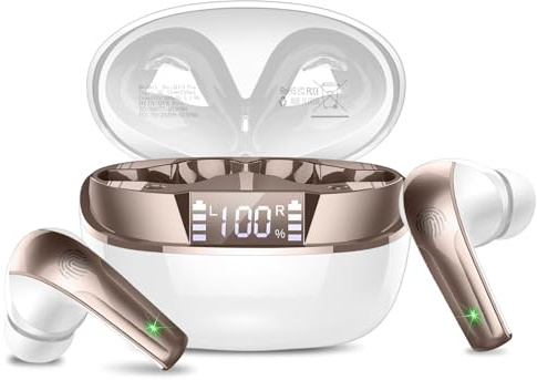 AOSRAU Bluetooth Kopfhörer, Kopfhörer Kabellos Bluetooth 5.4 HiFi-Klangqualität mit ENC Mikrofon, 47Std Spielzeit In Ear Ohrhörer mit IP7 Wasserdicht, Ohrhörer mit LED Anzeige für IOS/Android, Silver