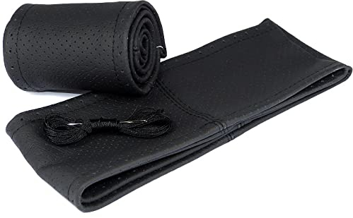 L&P Car Design GmbH Lenkradbezug Lenkradhülle Lenkradschoner aus 100% Echtleder Leder Universallenkradbezug (Schwarz perforiert mit schwarzer Naht für Lenkraddurchmesser 36-37cm)