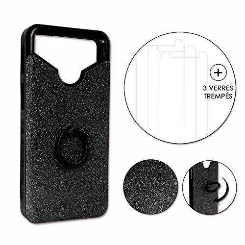 Qilive 5,5 Pack Coque arrière Noire Strass avec Bague + 3 Verres trempés Dureté MAXIMALE
