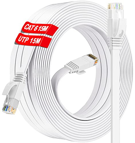 Cable Ethernet 15 metros, Cat 6 Cable de Red 15 metros Alta Velocidad, Plano Blanco Cable Internet 1000Mbps 250MHz, Interior Exterior Gigabit RJ45 Cable LAN para Router Switch Módem PS5/4 (15 Clips)
