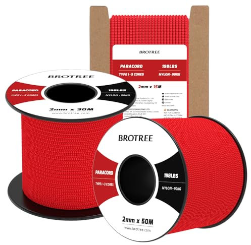 Brotree 2mm Paracord 3 Fili 30M 100% Nylon Corda da Paracadute per All'aperto, Artigianato, Fatto a Mano - 90kg Carico di Rottura (Rosso)