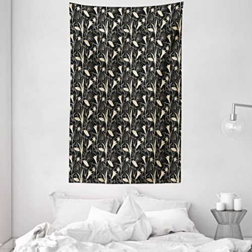 ABAKUHAUS Jugendstil Wandteppich und Tagesdecke, Zen Blossoms Mystic, aus Weiches Mikrofaser Stoff Kein Verblassen Klare Farben Waschbar, 140 x 230 cm, Elfenbein und Schwarz