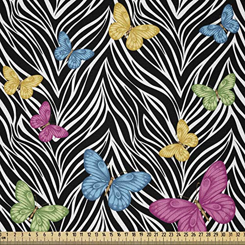 ABAKUHAUS Bunt Stoff als Meterware, Schmetterlinge auf Zebra, Microfaser Stoff für Kunsthandwerke und Dekoration, 5M (230x500cm), Gelb Blau Rosa