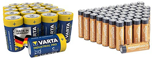 Varta - 80411286601 - Piles alcalines Industrial C Baby LR14 - Pack de 20 & Amazon Basics Lot de 48 Piles alcalines Type AA 1,5 V 2875 mAh (Design Variable)