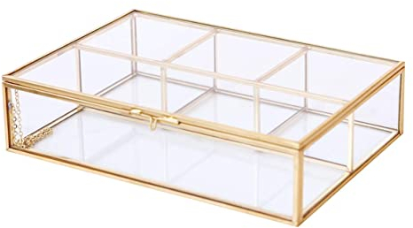 Utopz Goldene Vintage-Glas-Box, klares Glas & Messing Metall Aufbewahrung Schmuck und Kosmetik Make-up Fall Halter Organizer Beauty Treasure Display, 4 Fächer