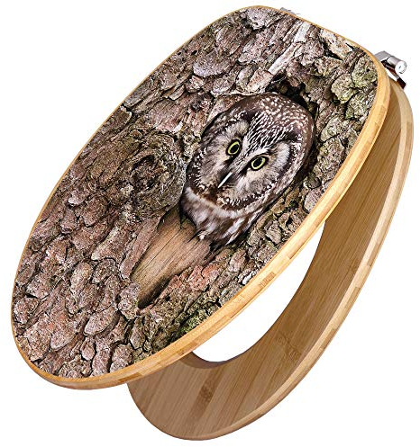 banjado Design WC Sitz Bambus 45x37,5cm / Toilettendeckel/Toilettensitz Bambus - hochwertiger Bambus Klodeckel/WC-Sitz Universal für alle gängigen Toiletten/Motiv Eule
