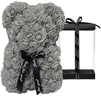 DuHouse Rose Bear Rose Teddy Bear Flower Gift Black Box for Valentines Day Anniversary Mothers Day Christmas,Birthdays Bridal Showers -Fully Handmade 10 inch Flower Bear Clear Unique Gift Box (Grey)