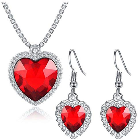 HMOOY Titanic Coeur de l'Océan Collier Boucles D'oreilles Ensemble de Bijoux, Collier Pendentif Saphir Bleu Bleu Coeur Cristal Boucles D'oreilles Rubis Collier Titanic Bijoux pour Femme Fille
