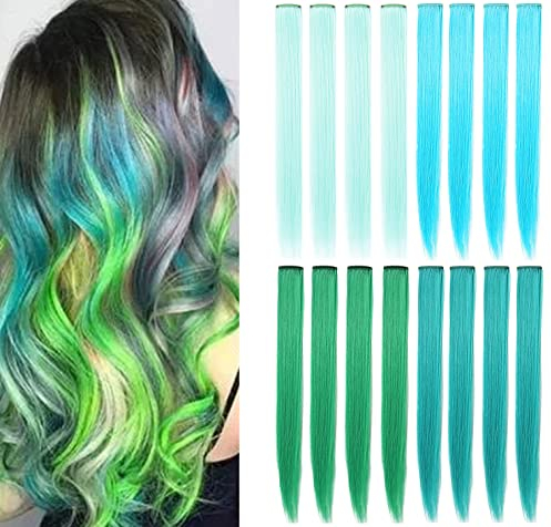 SHKJCHP Farbige Haarverlängerung 12 Stück Blaugrün Blau Hellgrün Grün Haarteil für Damen Princess Party Highlight Bunte Gglatte Haarverlängerungen Clip in Kostümen, 50cm
