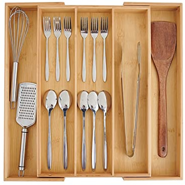 LZSSH Cutlery Tray Bamboo, Kitchen Drawer Inserts Organiser, Expandable 3-5 Compartments Flatware Organizer Kitchen Storage Holder, for Knives Forks Spoons Gadgets