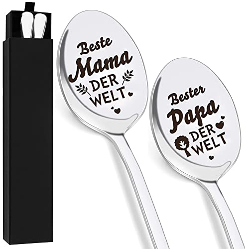 Edelstahl Kaffeelöffel Lang Latte Macchiato Löffel Weihnachtsgeschenke für Mama und Papa Eltern Silber Löffel mit Gravur Beste Mama Papa der Welt, Geburtstag Geschenke für Mama und Papa zu Weihnachten
