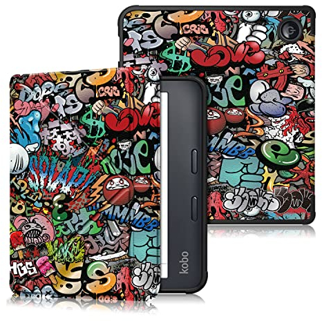 DINGGUAGUA Coque kobo Libra Colour 7 inch TPU Coque Étui kobo Libra 2 Liseuse eBook Housse avec Support Pliant Housse Protection Coque,Graffiti